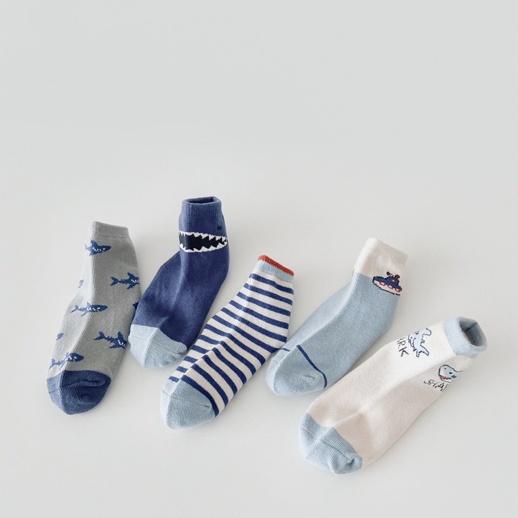 Set 5 Đôi Tất Cotton Cho Bé trai (1-12 Tuổi) Hoạ Tiết Cá Mập Xanh