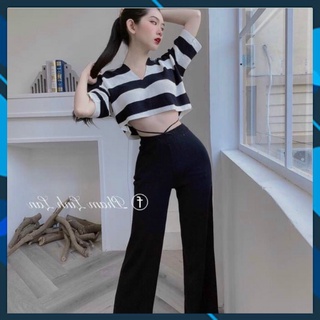 Áo len cộc tay croptop kẻ con ong thụng lửng cổ bẻ xẻ V freesize