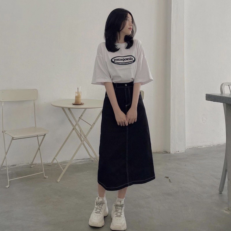 Chân váy jeans ulzzang dáng dài xẻ tà viền chỉ, chân váy bò dáng chữ A chun lưng
