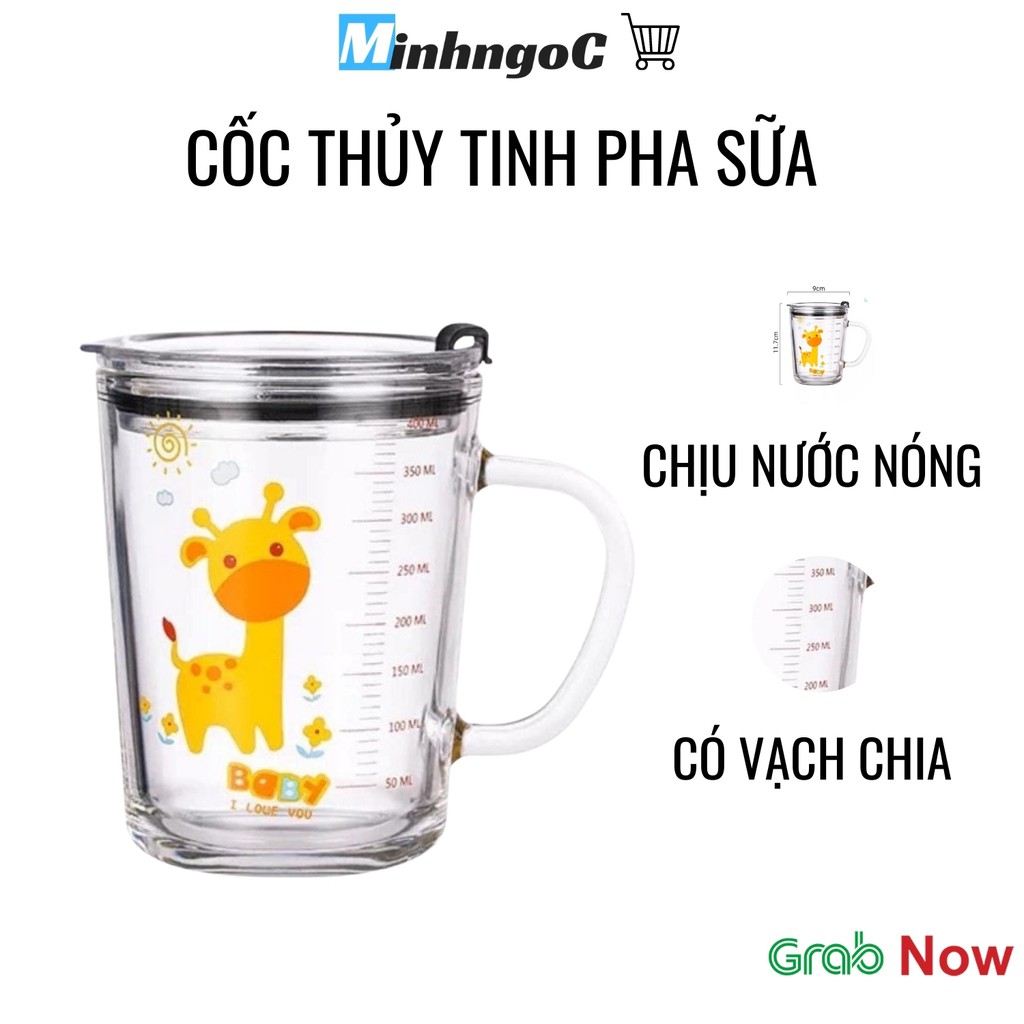 CỐC PHA SỮA THUỶ TINH CHIA VẠCH SIÊU TIỆN LỢI CÓ NẮP VÀ ỐNG HÚT CHO BÉ  - Siêu Thị Minh Ngọc