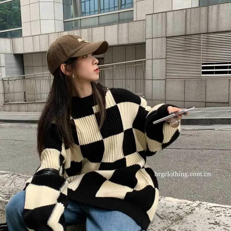 Áo sweater Tay Rộng Kẻ Sọc Caro Phong Cách Mùa Đông Mới