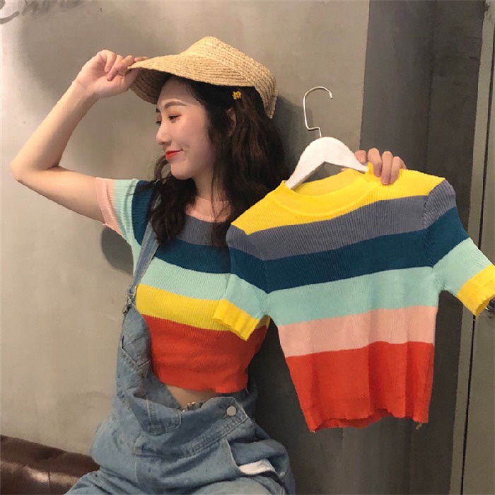 Áo thun ZHELIHANGFEI dệt kim tay ngắn kẻ sọc cầu vồng dễ thương