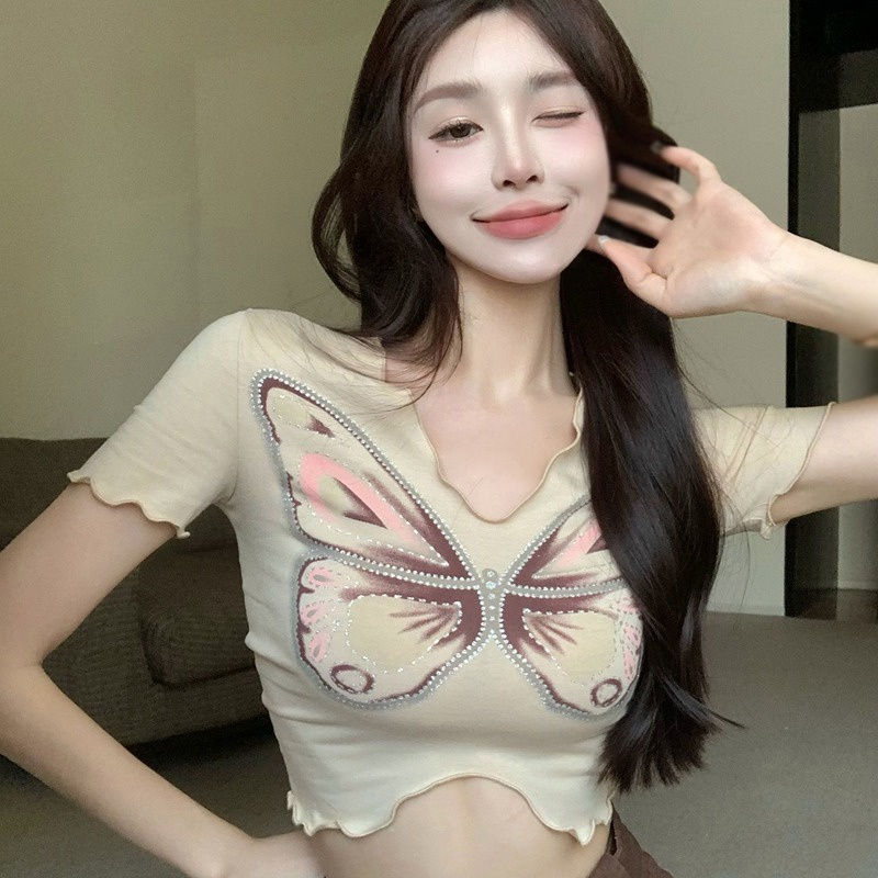 Áo Croptop Cổ Chữ V In HìNh BướM GợI CảM