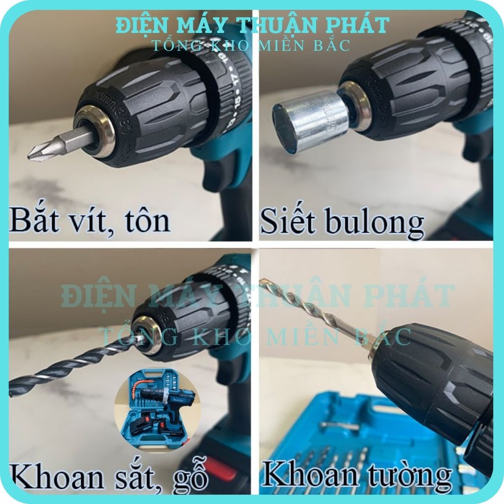 Máy khoan pin siết ốc bắt bắn vít bulong cầm tay mini Makita 36V súng 3 chức năng có búa giá rẻ, Tặng kèm 24 chi tiết
