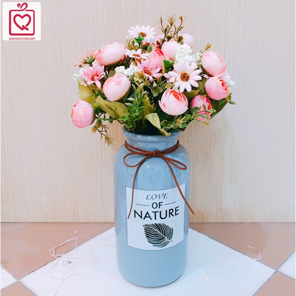 Lọ hoa dáng trụ Love Nature màu Pastel cổ thắt nơ, bình hoa trang trí gốm sứ