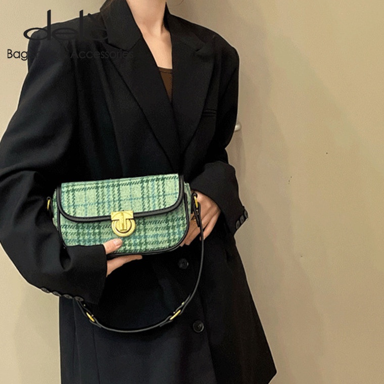 Dela Túi Đeo Chéo Bằng Len Họa Tiết Kẻ Ô Màu Xanh Lá Thời Trang Mới Cho Nữ