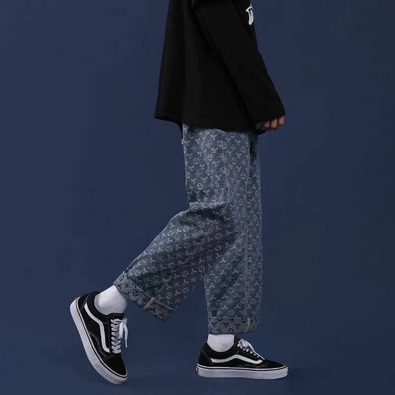 Quần jeans nam cạp cao ống rộng bigsize MALTRIK in họa tiết LV phong cách Hàn Quốc Size lớn đến 90kg