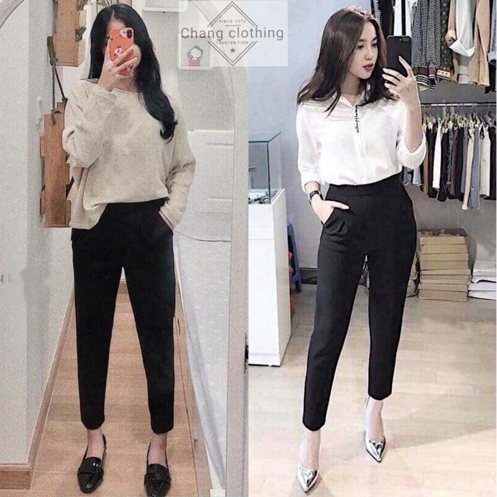 Quần baggy nữ cạp chun sau công sở màu đen khóa sườn chất vải mềm dáng dài - Quân tây nữ lưng cạp cao thun đi học sinh