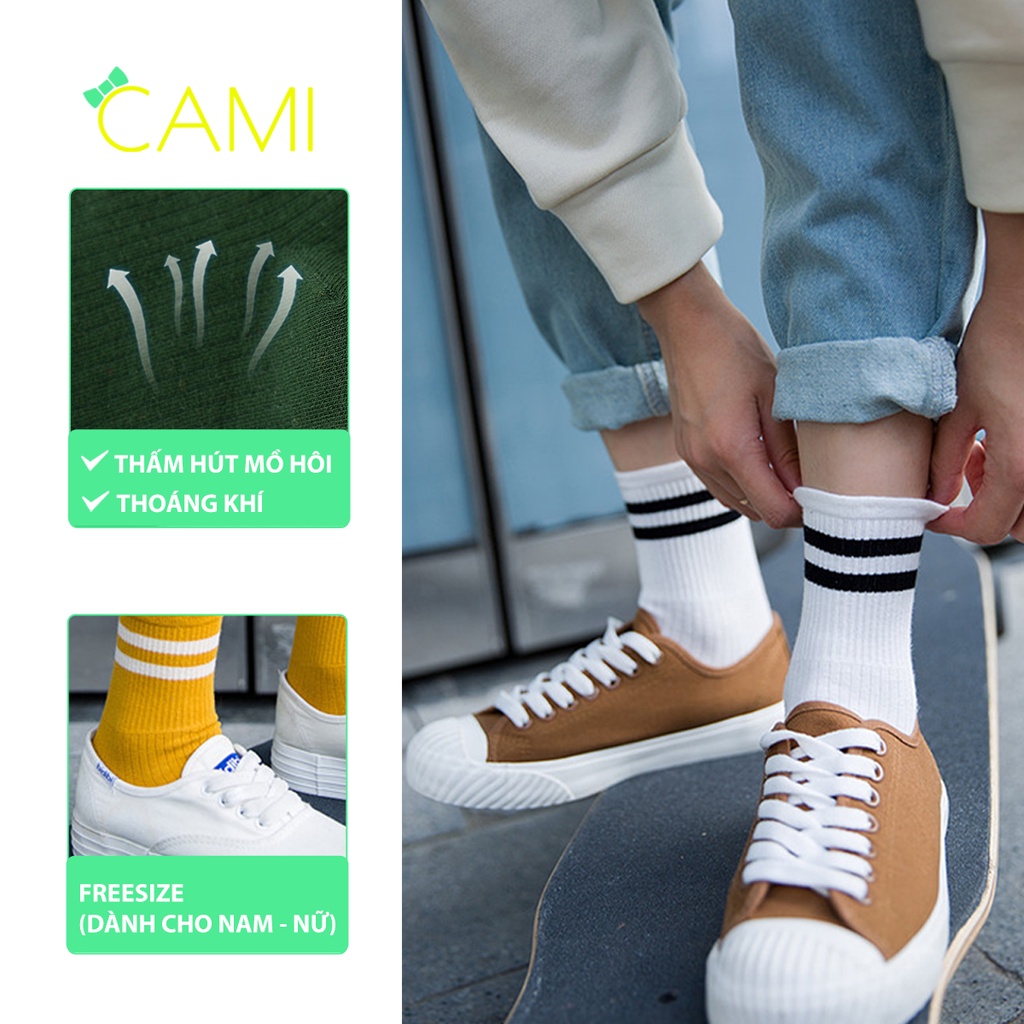 Vớ  thun cotton dạng gân 2 sọc thoáng khí, co giãn tốt, dùng cho nam và nữ - Cami - CMPK215