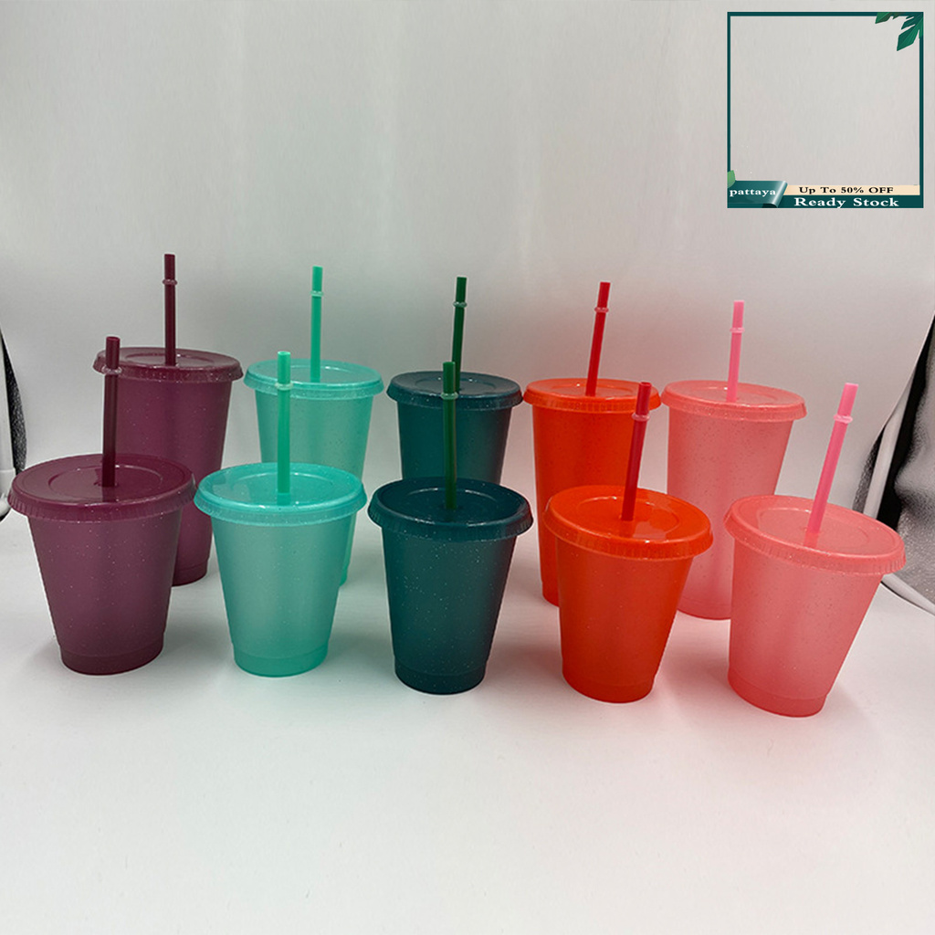 CFYP_400/500ml Straw Drinking Cup Large-capacity Wide Mouth Lid Plastic Flash Powder Shiny Water Bottle for School