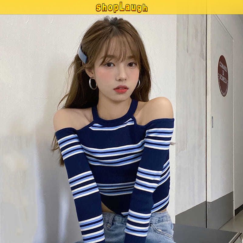 Off-the-shoulder Croptop Long Sleeve Plaid Pattern Slim Fit Design