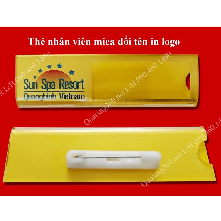 Bảng tên mica thay tên in logo sẵn, xịt nhũ vàng, nhũ bạc, cài ghim, nam châm