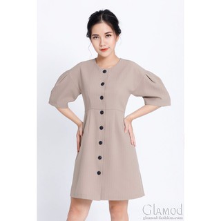 Đầm Glamod cổ tròn vai xệ cài nút trước, dáng tùng A hơi suông G9.013 _ sọc vàng rêu