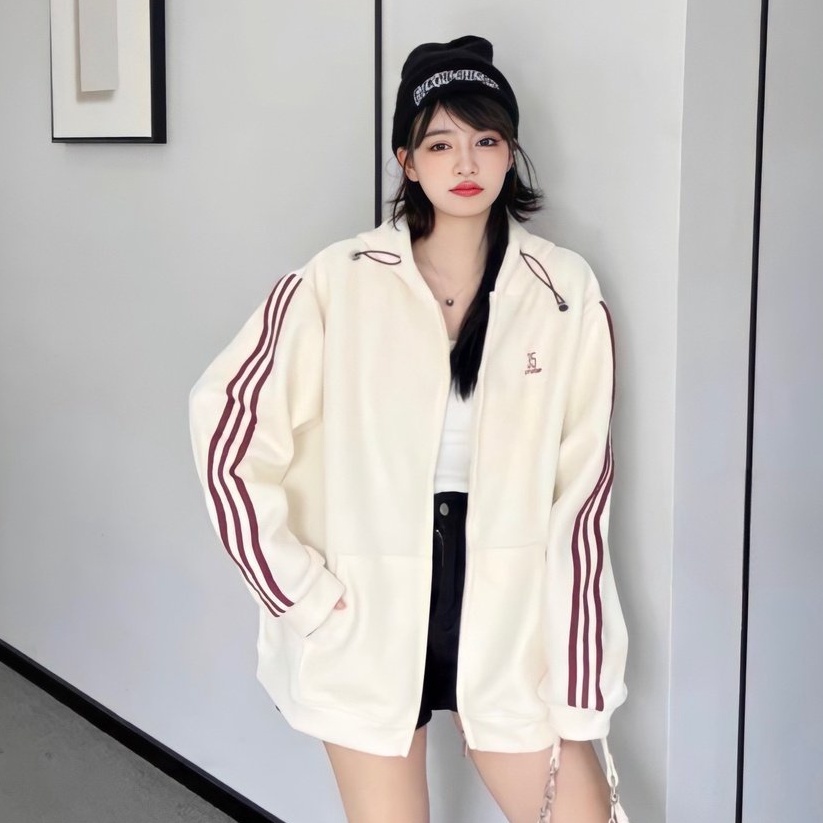 Áo Khoác Nỉ Form Rộng Sọc Tay, Áo Khoác Thể Thao Unisex Dây Rút Mũ 2 Lớp Phong Cách Hàn Quốc
