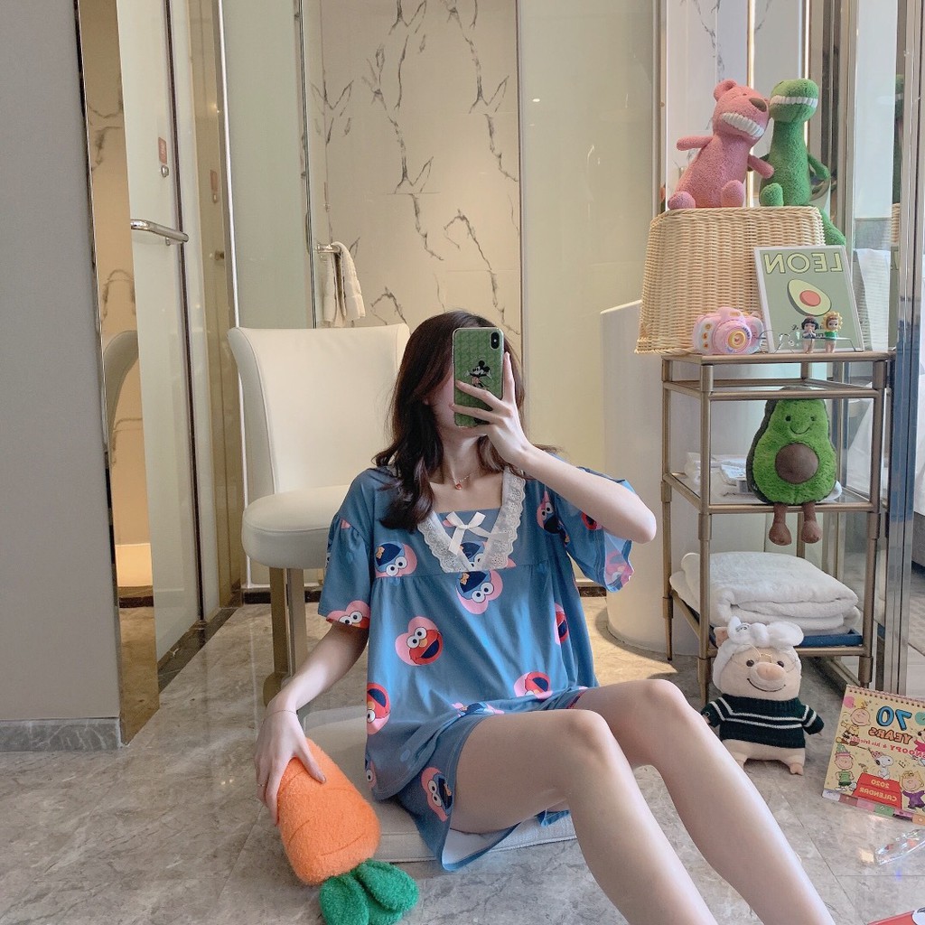 Bộ piyama mặc nhà, Bộ ngủ mùa hè chất mát, Bộ hoạt hình xanh