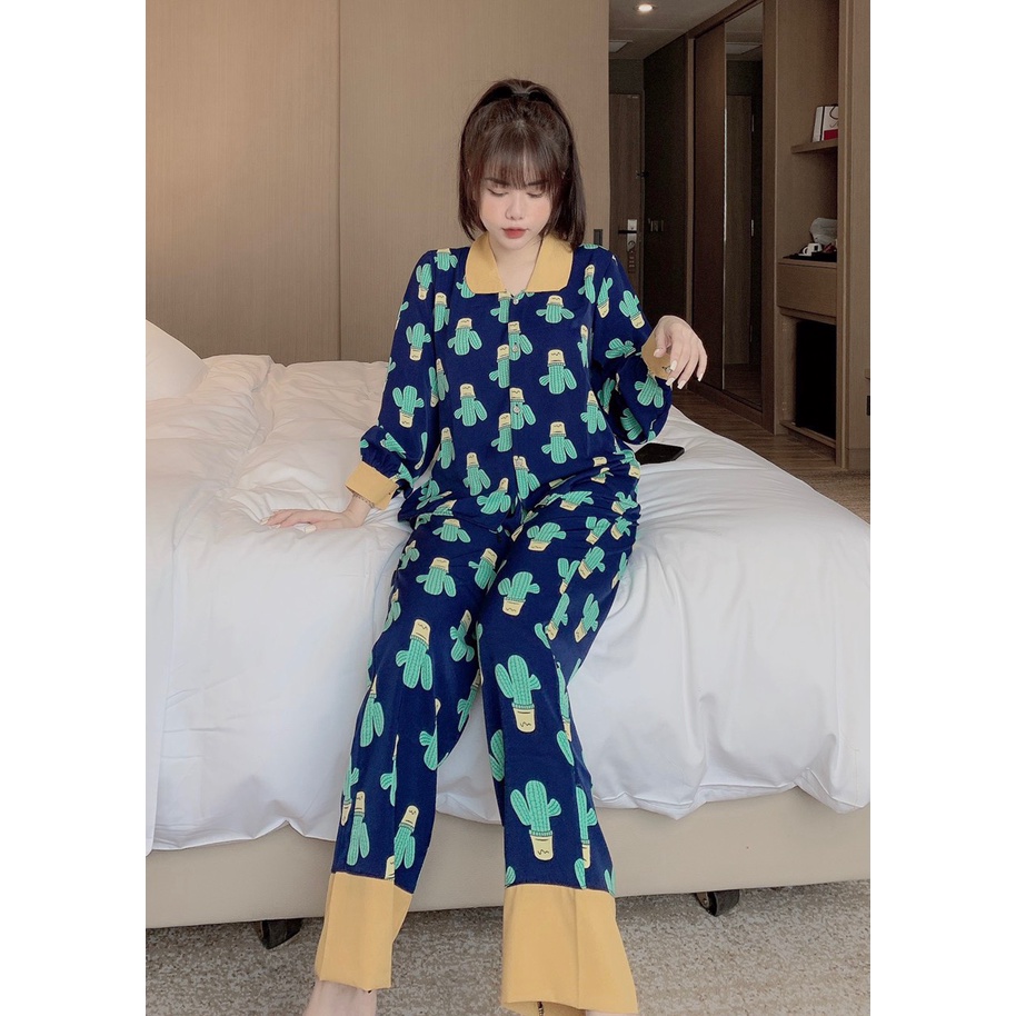 Bộ ngủ Pijama cổ sen tròn, đồ bộ mặc nhà dài họa tiết chất liệu lụa mago freesize | BigBuy360 - bigbuy360.vn
