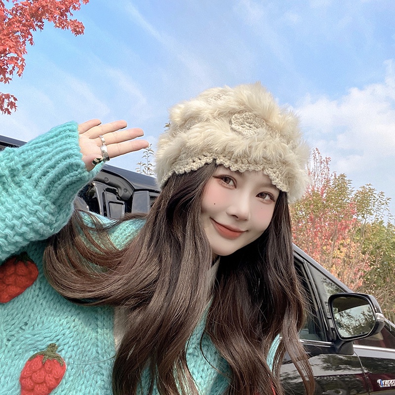 Mũ Dệt Kim Phối Lông Thỏ Ấm Áp Thời Trang Mùa Đông Cho Nữ