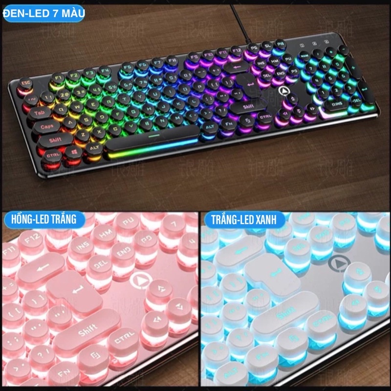 COMBO Bàn Phím Nút Tròn Chuột Máy Tính Laptop Giả Cơ YINOIAO V7 G15 LED Xuyên Chữ Đa Dụng Chơi Game Làm Việc Màu Hồng