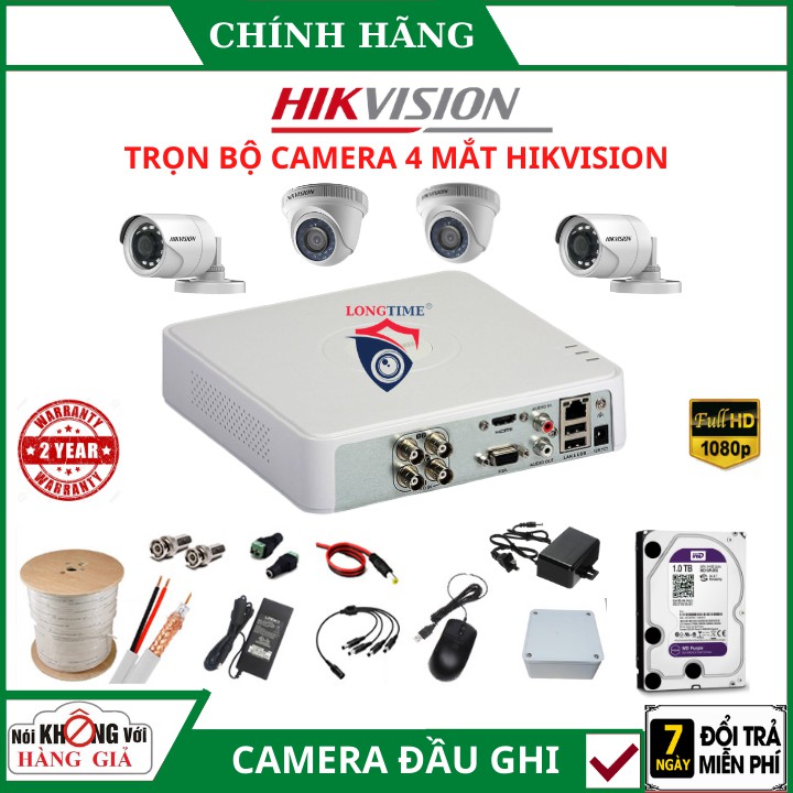 Trọn Bộ Camera Đầu ghi Hikvision 4 kênh 2MP Full 1080P - Tùy Chọn 1- 4 camera trong nhà và ngoài trời - Hàng chính hãng