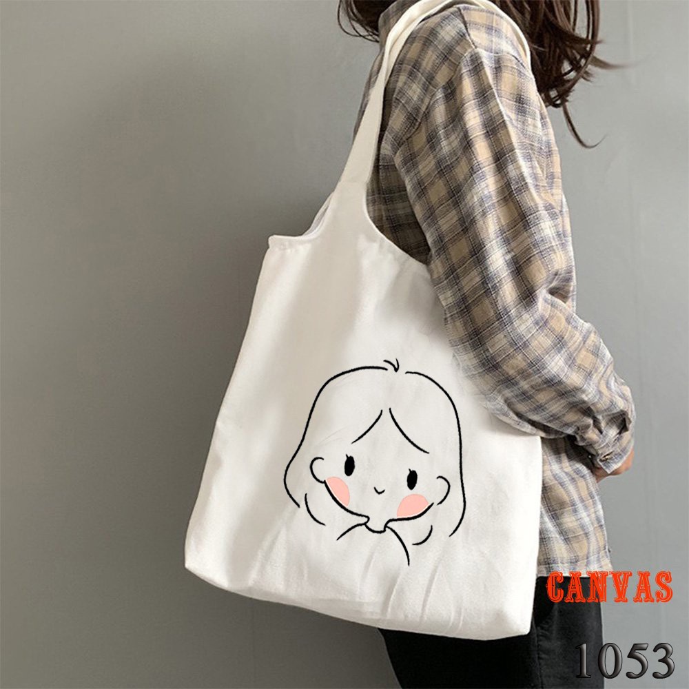 Túi Tote Trắng Chất Vải Canvas 1053 Cô Gái Má Hồng Dễ Thương Hàng Chuẩn Đẹp - Hazo