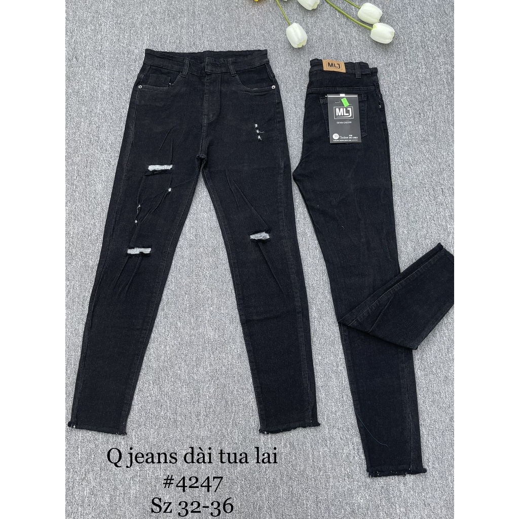 Quần jeans dài BigSize lưng cao, lai tua, co dãn mạnh màu đen tuyền rách kiểu 4247