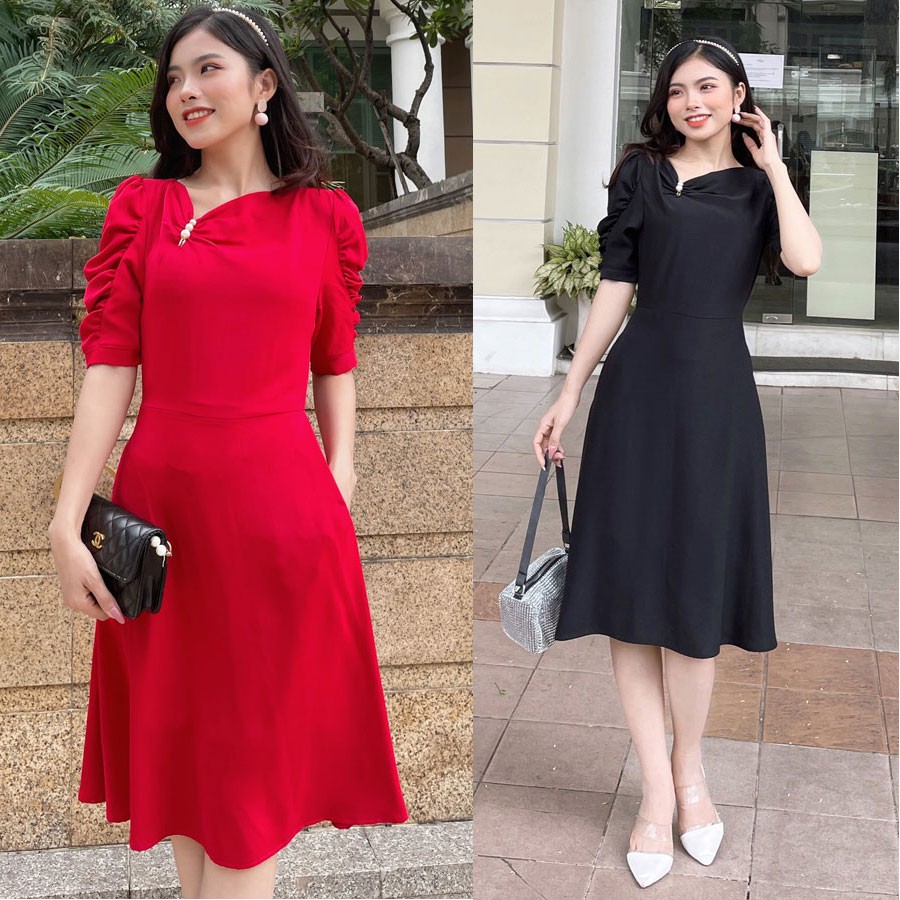 Đầm suôn cổ đỗ phối ngọc trai sang trọng-DAM20