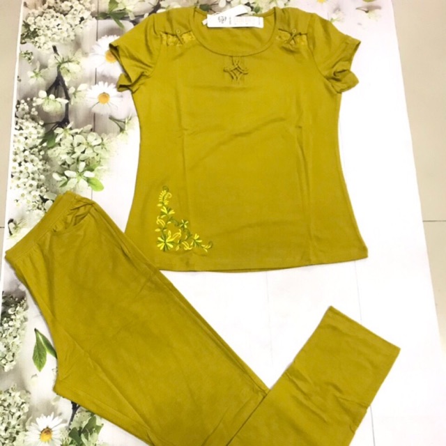 BỘ cottonTHÁI Quỳnh Anh-BỘ NGỦ TAY NGẮN QUẦN DÀI-CHẤT LIỆU THUN COTTON THÁI THÊU HOA VĂN