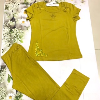 BỘ cottonTHÁI Quỳnh Anh-BỘ NGỦ TAY NGẮN QUẦN DÀI-CHẤT LIỆU THUN COTTON THÁI THÊU HOA VĂN