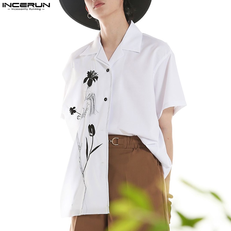INCERUN Áo Sơ Mi Cổ Bẻ Tay Ngắn In Hoạ Tiết Đơn Giản Trẻ Trung Dành Cho Nam Giới