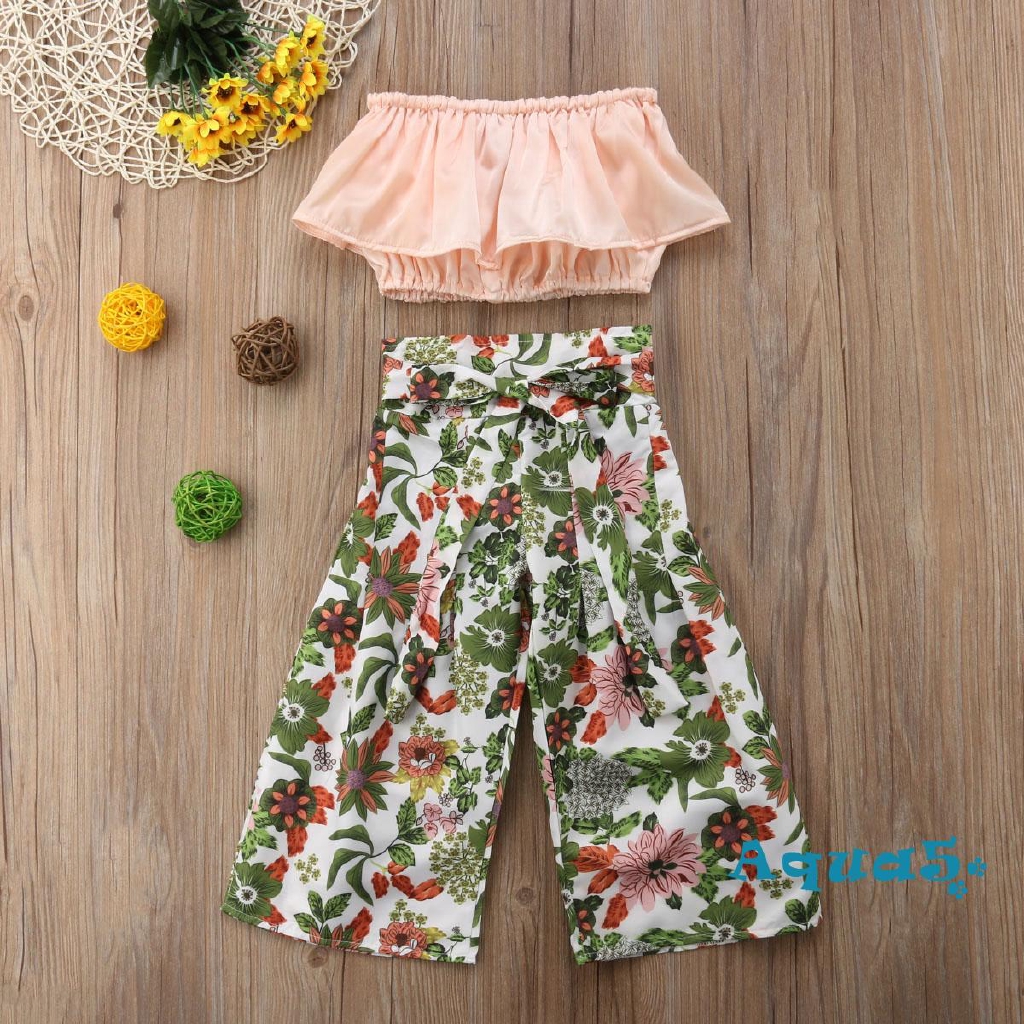 Set Áo Croptop+Quần Dài Hoạ Tiết Hoa Cho Bé Gái