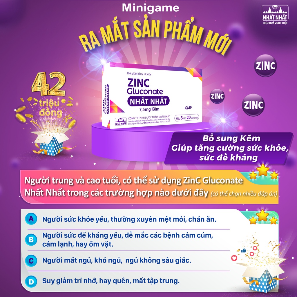 ZinC Gluconate Nhất Nhất bổ sung kẽm, giúp tăng cường sức khỏe và tăng sức đề kháng