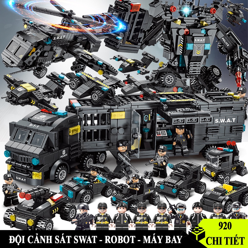 [920 CHI TIẾT] Bộ đồ chơi lắp ráp Lego Cảnh Sát đội đặc nhiệm Lego SWAT lắp ghép mô hình Robot và Máy Bay