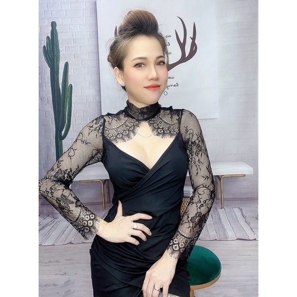 Đầm Ren Tay Dài Dáng Ôm Thiết Kế Khoét Sâu Quyến Rũ Thời Trang Cho Nữ 444