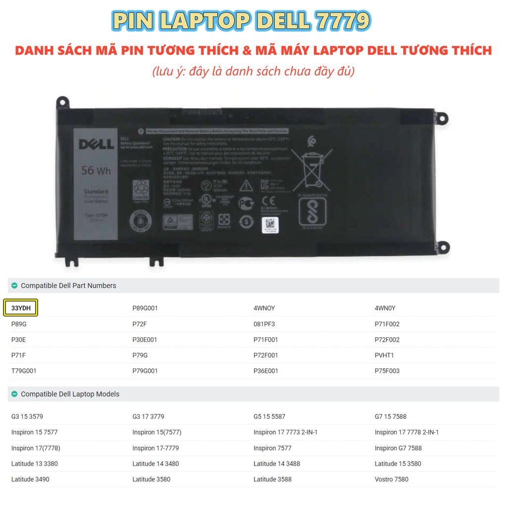 Pin Laptop DELL 7779 56WH 33YDH (ZIN) - 4 CELL - Inspiron 3579 3779 5587 7353 7577 7588 7773 7577 7778 7779 7353