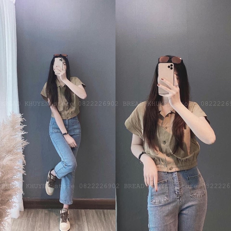 ÁO SƠ MI CỘC TAY CROPTOP CHUN GẤU | FREE SHIP ĐƠN TỪ 50k |