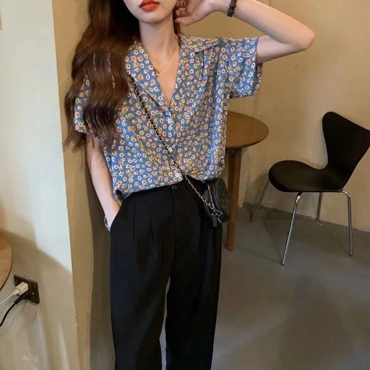 SUXI Áo sơ mi tay ngắn họa tiết hoa thời trang thanh lịch cho nữ