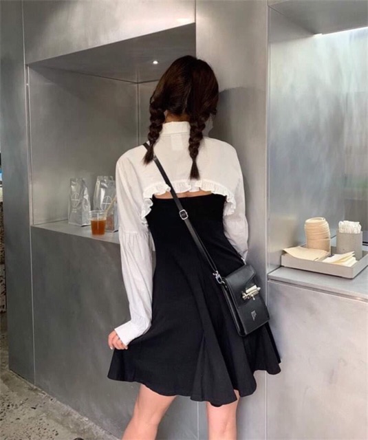 PENTY SET - ĐẦM 2D ĐEN FORM XOÈ + ÁO SƠ MI CROPTOP VIỀN BÈO CỰC CHẤT