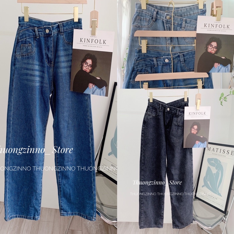 Quần bò ống rộng cạp chéo thiết kế lạ măt Quần jean ống rộng ulzzang
