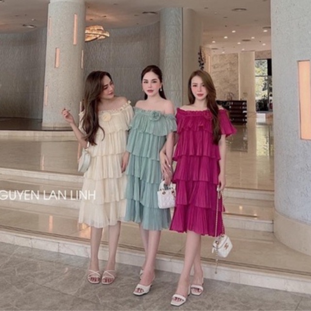 Váy Trễ Vai Dập Ly Tầng Kèm Hoa 4 Màu Có Ảnh Thật Kèm Video