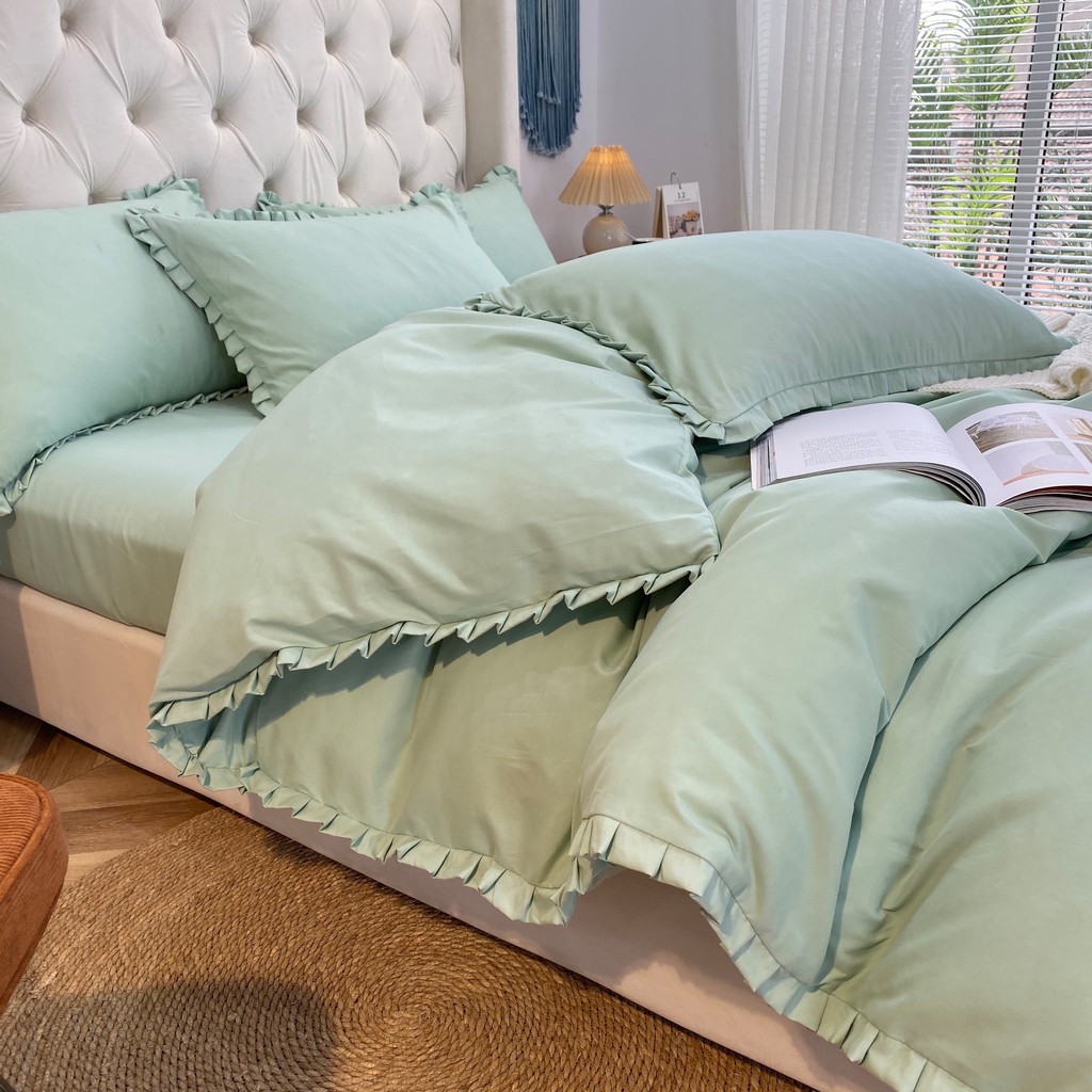 Bộ Chăn Ga Gối Cotton Tici Bèo Lidaco Cao Cấp - Xanh Ngọc
