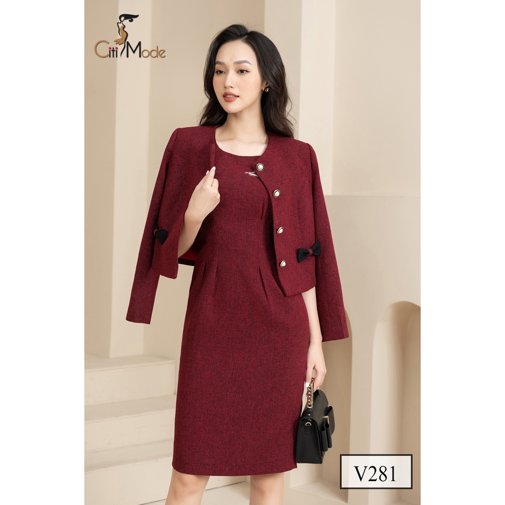 Vét công sở tay dài dạ teck đỏ cổ tròn V281 | BigBuy360 - bigbuy360.vn