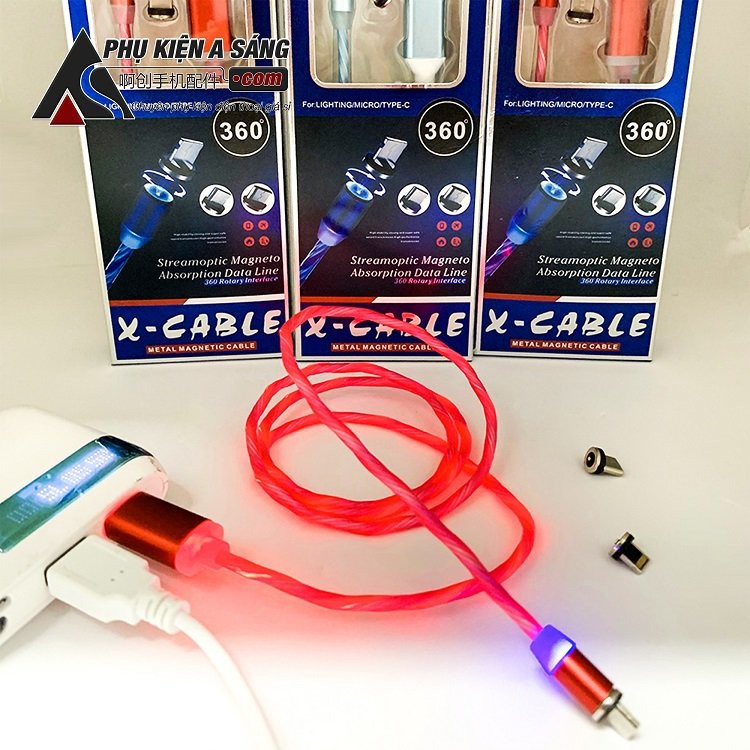 Mẫu dây sạc nam châm phát sáng 3 in 1, độ dài 1m, đầu xoay 360 độ, tương thích mọi loại điện thoại