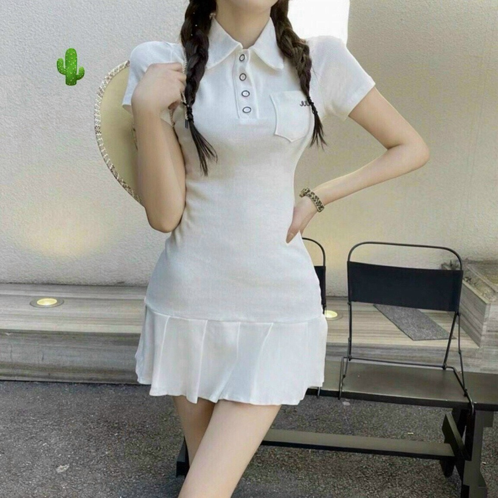 Đầm polo cài nút tay ngắn đuôi cá xếp ly xòe phối túi ngực phong cách Hàn Quốc