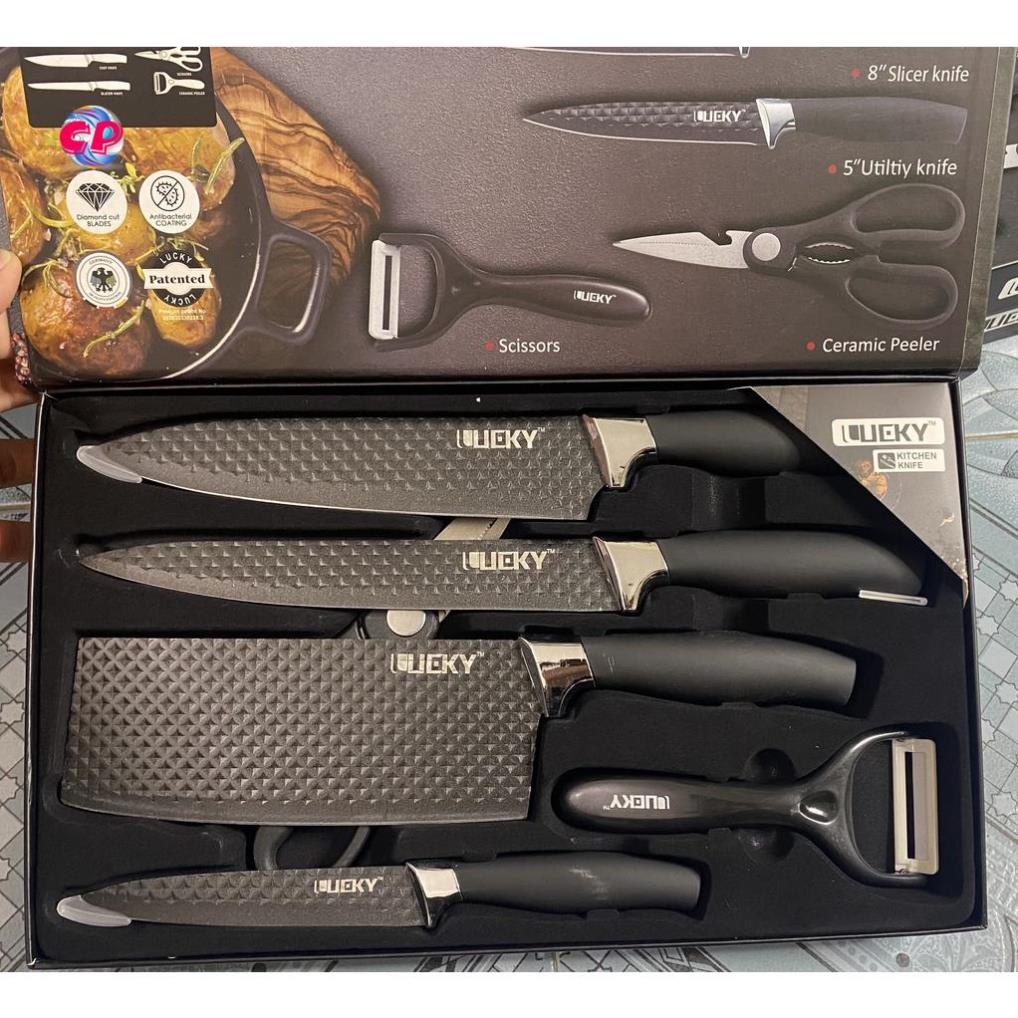Bộ Dao Kéo Nhà Bếp Lucky 6 Món Bằng Inox Hoa Văn Kim Cương Phủ Chống Dính Siêu Bền Hàng Cao Cấp