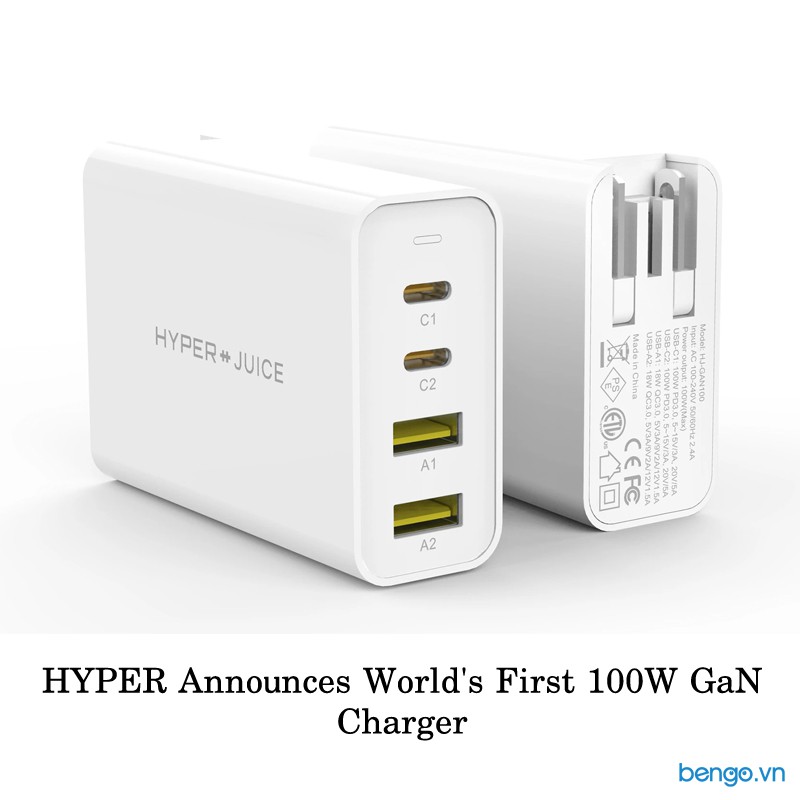 Sạc đa cổng HyperJuice GaN 100W Smallest 2 cổng USB-C + 2 cổng USB-A - HJ-GAN100