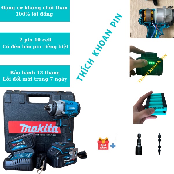 MAKITA- Máy bắn vít MAKITA không chổi than- Máy bắt vít pin hàng cao cấp new 2022- 2 Pin 10 cell