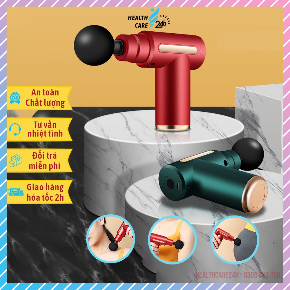 Súng massage Fascial gun cầm tay 4 đầu 6 chế độ máy mát xa đấm bóp chuyên sâu giảm đau nhức toàn thân Healthcare24h M115