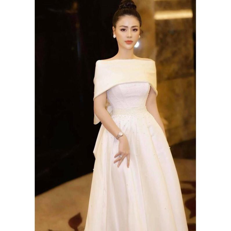Đầm dự tiệc bẹt vai kết hạt cườm phối nơ lưng siêu to sang trọng - size M/L (có ảnh/video thật) MS280V