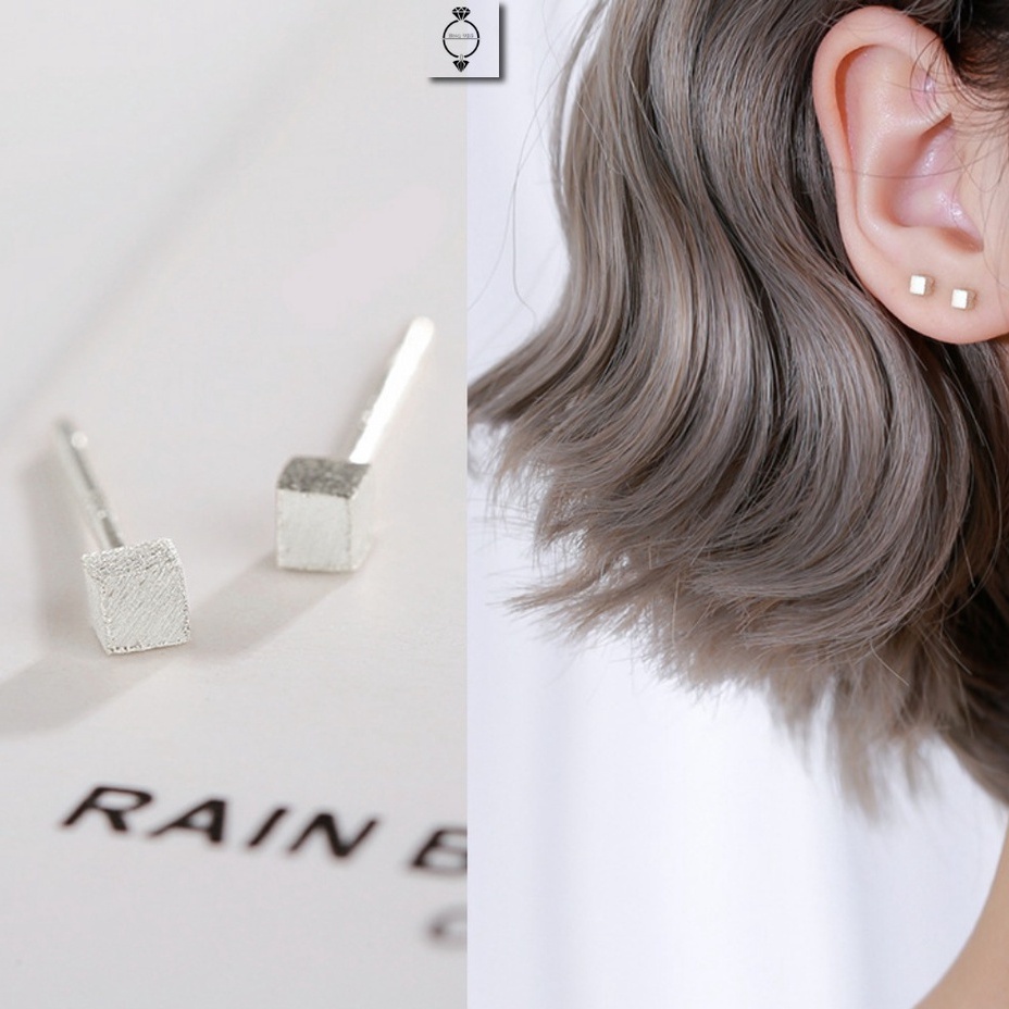 Bông tai vuông Bạc ý 925 nhám khuyên tai nam nữ