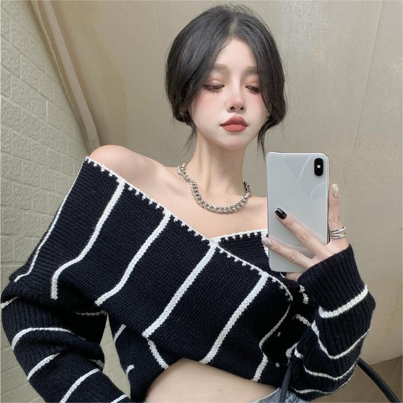ZHELIHANGFEI Áo Sweater Tay Dài Trễ Vai Lưng Cao Kiểu Dáng Quyến Rũ